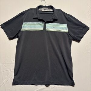 Travis Mathew Black Polo with Blue and Green Stripes